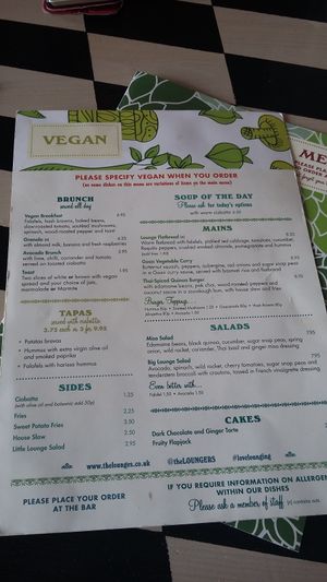 Seco Lounge vegan menu (the menu changes a couple times a year) at Lounges - Seco Lounge in Plymouth
