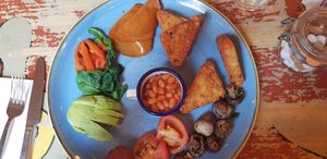 Big Vegan Breakfast - falafel, vegan bacon, avocado, hash browns, baked beans, slow roasted tomato, button mushrooms, spinach, wood-roasted peppers (I opted out of toast) at Lounges - Arco Lounge in Birmingham