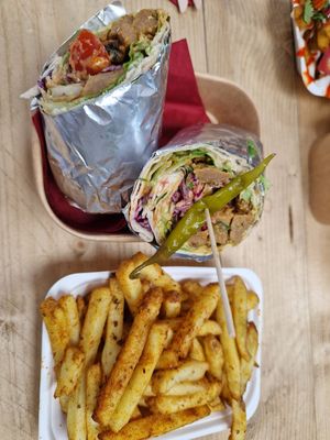 Chkn shawarma and seasoned fries at SEITANIC @ Chew's Yard in Preston