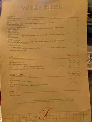 Vegan menu April 26 at Franquette Creperie  in Bowral