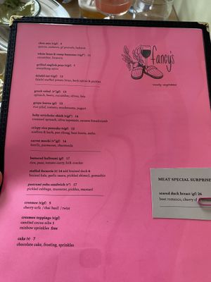 Menu -April 2024. It will change frequently   at Fancy's in Burlington