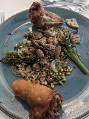 Porcini mushrooms in strudel, wild broccoli & sauteed champignons (tasty but.oily!) at Blausee Hotel & Spa in Bern