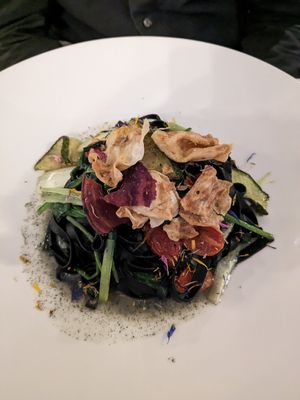 Black tagliatelle w veggies (bland, watery) at Blausee Hotel & Spa in Bern