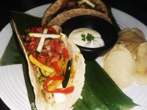 CARIBBEAN TACOS: Corn tortilla with vegetables. at Chivos Veggie in Palomino