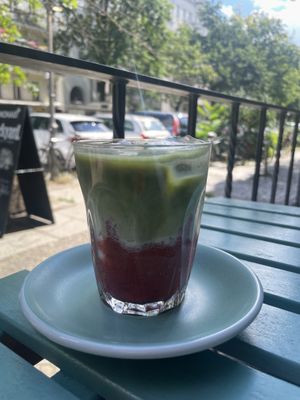 Strawberry matcha (cold drink)  at Vegan Backyard in Berlin