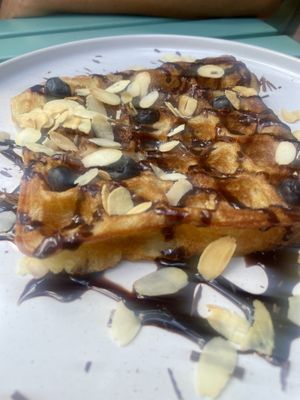 Waffles with chocolate and almonds (usually with hazelnut but I’m allergic…)  at Vegan Backyard in Berlin
