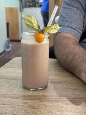Husband’s smoothie (strawberry banana? Delicious)  at Vegan Backyard in Berlin