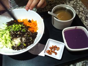 Mushroom and veggie bowl with purple sweet potato soup. at Yi Tian Yi Su - Taiguhui in Guangzhou