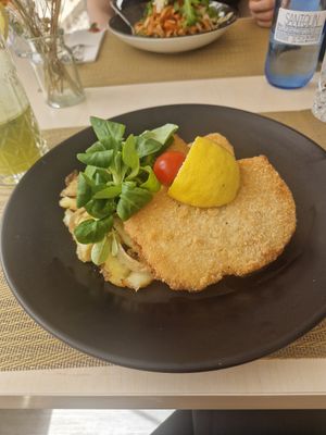 Schnitzel from selery. Delicious potatoes! at Santé in Mallorca