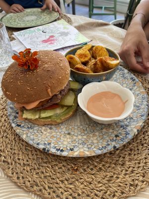 Vegan bean burger with sweet potato and avocadoo  at Santé in Mallorca
