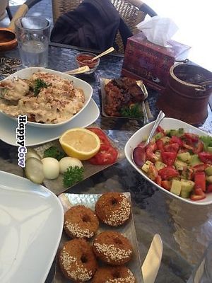 Vegan lunch for two (imam bayende is the eggplant dish, the chick pea and fried bread dish is fatte, plus Armenian salad and a side of falafels) at Lagonid in Yerevan