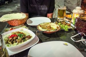 beans with tahini sauce, hummus, and aubergines, plus arabic bread at Lagonid in Yerevan
