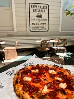 Pepperoni pizza with vegan pepperoni and house made mozzarella cheese.  at Nova Terra Kitchen & Creamery in Sebastopol