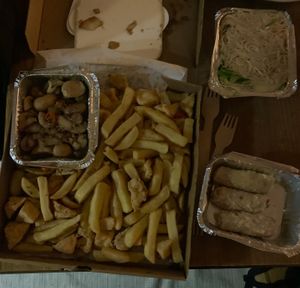 Vegan/GF Munchie Box (Salt & pepper chips, tofu & mushrooms); veggie rice noodles & veggie spring rolls (all vegan & GF)  at Sweet Mandarin in Manchester