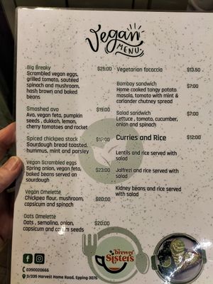 The vegan menu at Brewer Sisters in Epping