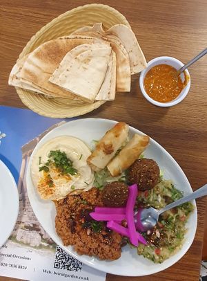 Vegan mezze plate (I switched one of the aubergine dips for hummus)
 at Beirut Garden in London