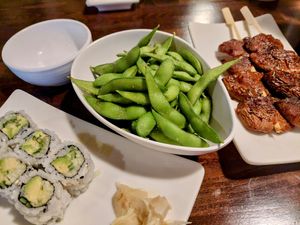 Avo-cuc sushi, edamame, mushroom skewers at Kinya Ramen in Wyomissing