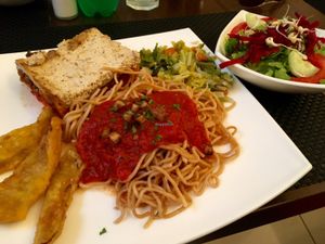 tomato pasta, tempura veg, tofu lasagne and boiled veg at Makro Vega in Split