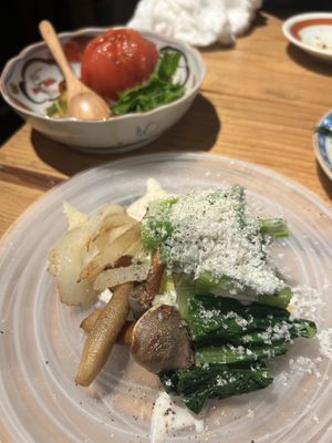 Komatsuna with onion and mushroom (dressing not vegan but suitable for vegetarians)  at Yakiyasai Isoya in Kyoto