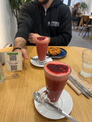 Valentine’s special beetroot chai lattes with soy milk. We also got vegan cinnamon bunds and pain aux raisins. at Nathalie's Kitchen in North London