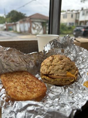 Ham, egg & chz biscuit w/hash brown   at Tiny Vegan in Richmond