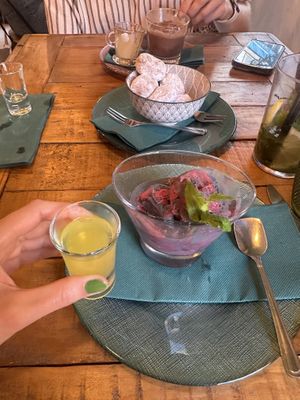 Raspberry ice cream with a shot of limoncello   at Pastan  in Fuengirola