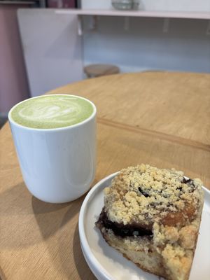 matcha latte and bun with plum and chocolatee  at Lewandi in Warsaw
