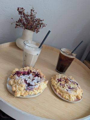 Malinówki (raspberry pastry) and coffee/chai latte at Lewandi in Warsaw