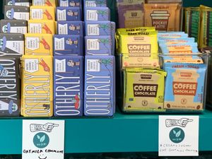 Otherly Oat Milk Choolate, all Vegan.  Coffee Chocolate Cream & Sugar ones contain dairy at Sticky Fingers  in Grand Rapids