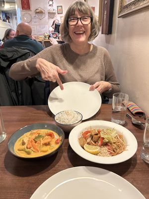 Pad Thai , coconut rice, red tofu curry  at Mona's  in Weymouth