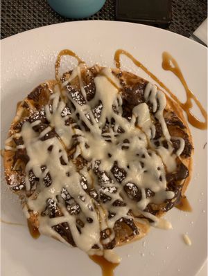 Waffle with chocolate sauce and marzipan! at Creperie Lamara in Hannover