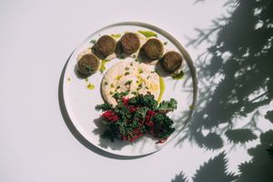 fava beans falafel, sprouted organic chickpea hummus with dill pesto, sauerkraut and kale salad   at Pino and Bugorn - Maybe closed in Izmir