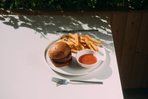  the patty is made from the sprouted legumes and 3 different type of mushrooms. the fries and the ketchup are both home made. the bun is our only product that contains gluten at Pino and Bugorn - Maybe closed in Izmir