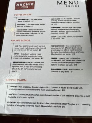 Menu 29/6/2024  at Archie AM PM in Carseldine