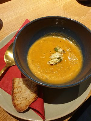 Potato vegetable soup with almond crunch and rosemary oil at Café & Kater in Traunstein