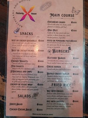 Only "pomodoro pasta" and "Green salad" are fully vegan at Flutterby House in Puntarenas