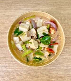 Tom -Kha. (Thai)
Sweet & Sour coconut milk soup with mushroom, tomato, onion, taste good smell good.  at Plantable - Maybe closed in Chiang Mai