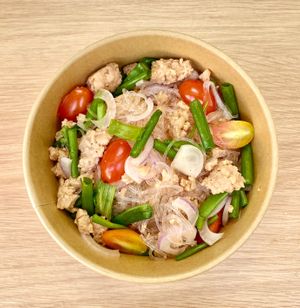 Yum-Woon-Sen. (Thai)
Glass noodles salad with plant base protein. You can choose spicy or non-spicy. YUM!  at Plantable - Maybe closed in Chiang Mai