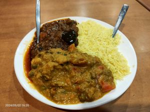 XL dish with Eggplant and Potato Curry + Vegetable Korma with Saffron Rice 😋 at Miss India - Greenslopes in Greenslopes