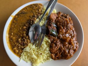 2 vegan curries w/rice - lentil and egg plant with potato at Miss India - Greenslopes in Greenslopes