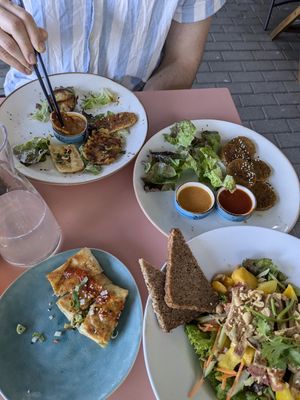 Veggie nix plate, Thai chickn salad, shiyu bing at Shiyu in Vienna