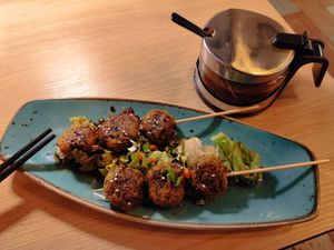 Neatballs (no. V6), grilled vegetable balls skewers with home made teriyaki sauce (and spicy chili) at Shiyu in Vienna
