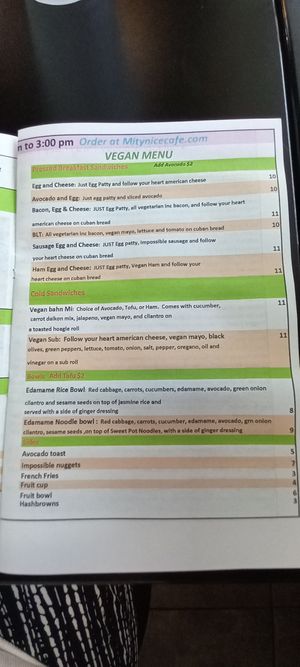 Vegan menu at Mity Nice Cafe in Clearwater