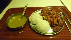 Dhal soup + rice & indian mix of seitan & veggies (potatoes, sprouts...) at YoGastro - Atma Center in Budapest