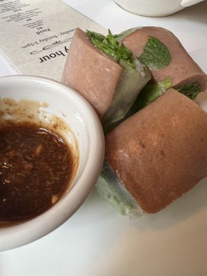 Off the Happy Hour menu.  Vegan Ham Springrolls. This is half the order; I ate the half already. I enjoyed it with the house made peanut sauce. #Veganuary at Basil and Mint in Camarillo