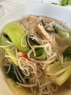 Northern Soft Noodle Soup with Vegan Ham and Tofu. Excellent flavor! Served with bean sprouts, mint leaves, and lime slices. Will definitely be back!   at Basil and Mint in Camarillo