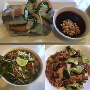 Vegan ham spring rolls, pho, noodles with vegan ham and tofu  at Basil and Mint in Camarillo