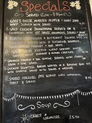 Specials board showing the shawarma - I had it without the yoghurt   at Johnny Baghdad's Cafe On The Square in Ripon