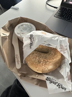 Sea salt and rosemary with onion/chive vegan cream cheese. 10/10  at Jeff's Bagel Run in Oviedo