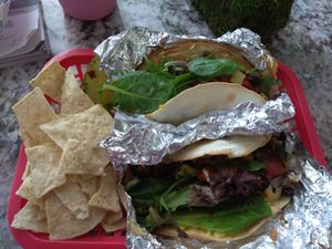 spicy garden tacos...added vegan cheese and meatless crumbles at DellzVille in Charleston